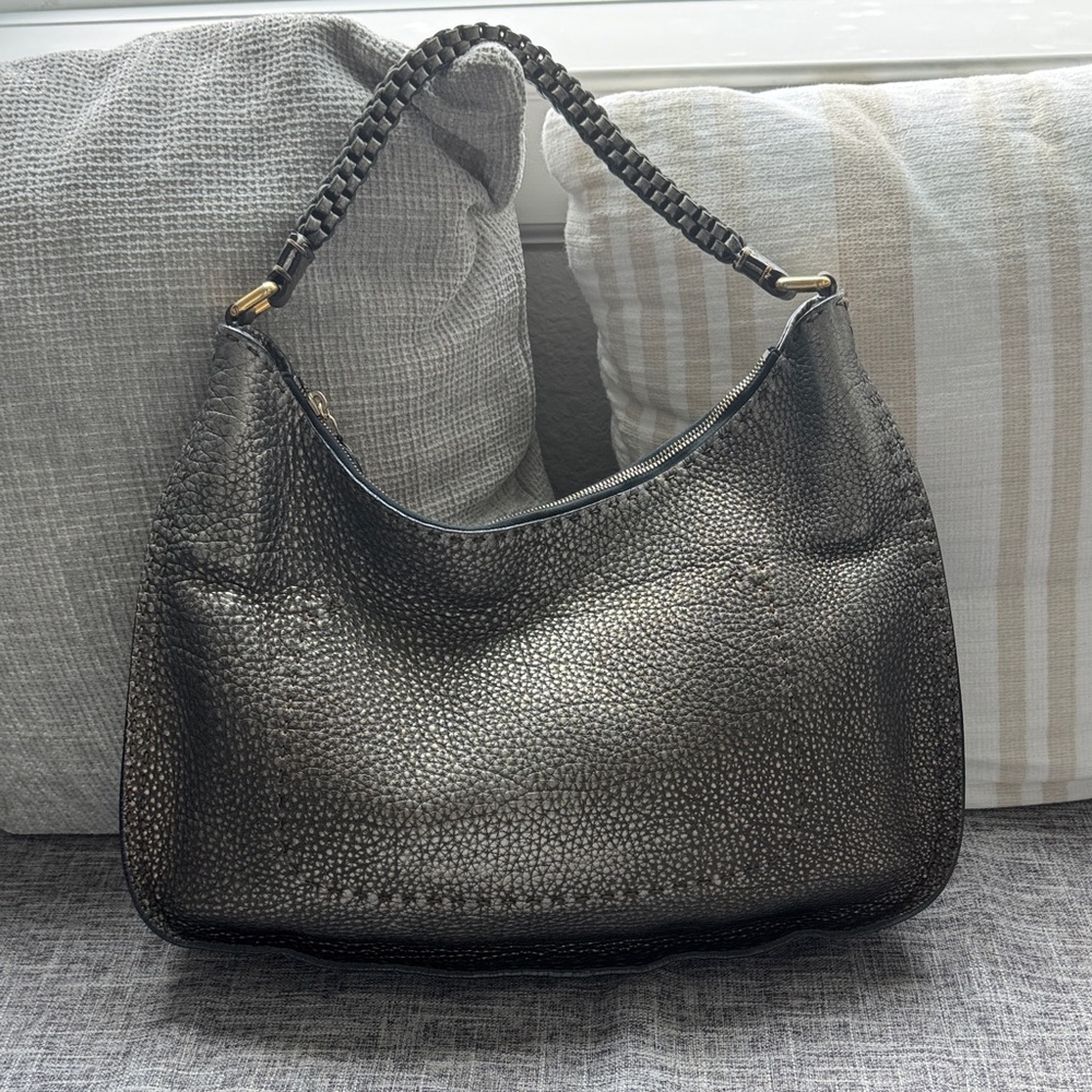 Fendi Selleria Leather Textured Hobo Bag w/ Braided Handle & Zipper Closure